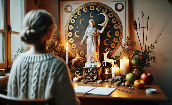 Woman at a desk worshiping Goddess Artemis.