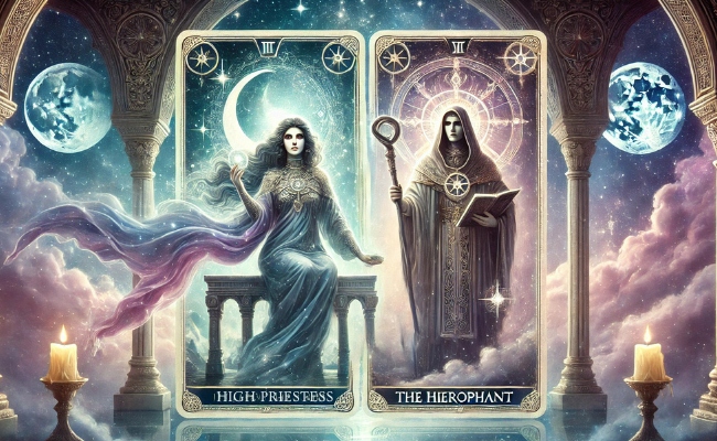 The High Priestess and Hierophant tarot cards side by side.