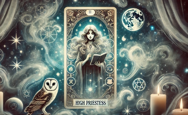 Depiction of the High Priestess as future in a tarot reading.