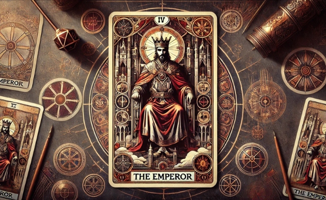 The Emperor tarot card on a table.