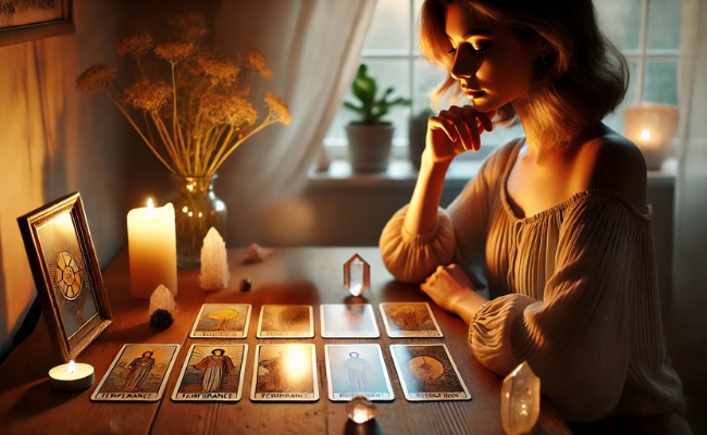 Woman looking at the Temperance and Hierophant tarot cards.