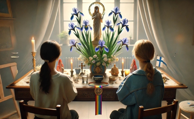 Two women saying prayers to goddess Iris.