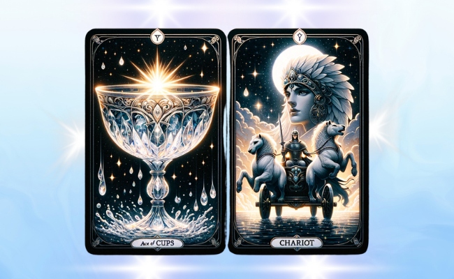 The Ace of Cups and The Chariot cards pairing.