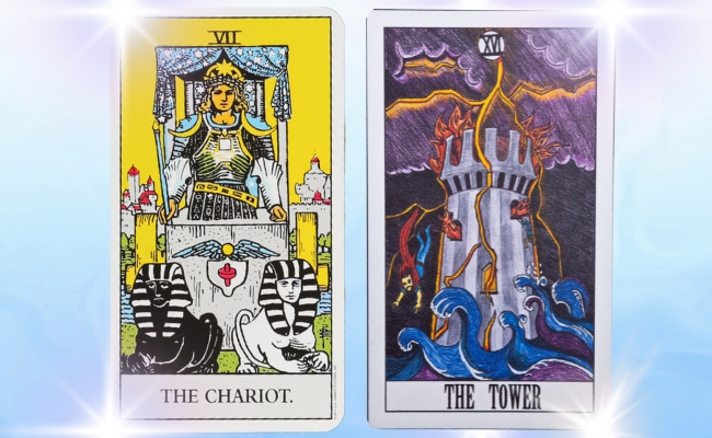 The Tower and Chariot tarot cards side by side.