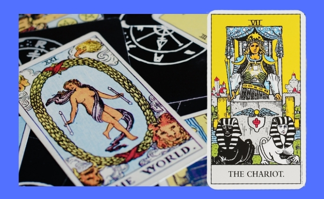 The World and The Chariot tarot cards together.