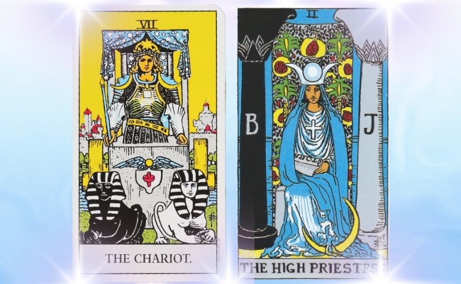 The Chariot and The High Priestess cards in an upright position.